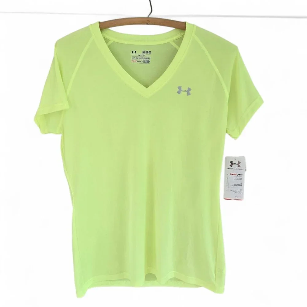 NWT Under Armour Womens Medium HeatGear V-Neck Semi-Fitted Shirt Neon Yellow - Picture 1 of 10